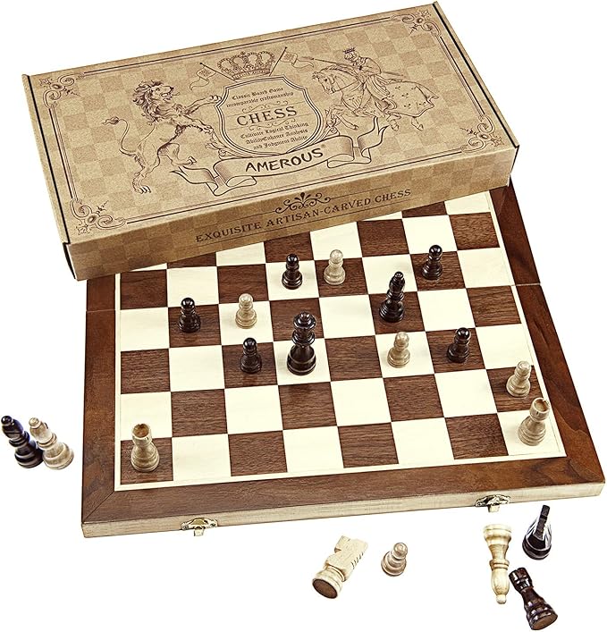 AMEROUS Chess Set 15x15 Folding Magnetic Wooden Standard Chess Game Board Set with Wooden Crafted Pieces and Chessmen Storage Slots
