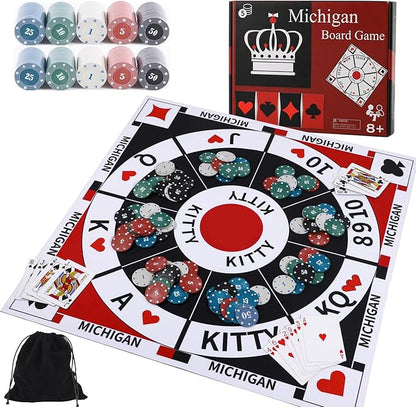 Michigan Rummy Board Game Set Tripoley Game Felt Mat Foldable Family Original Combination of Joker RummyHearts and Poker Includes 2 Decks of Cards and 200 Numbered Poker Chips