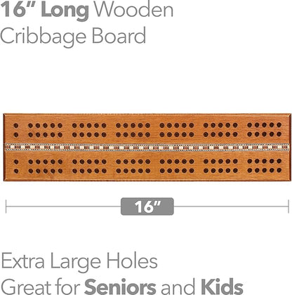 Sterling Games Extra Large Extra Long Cribbage 16 Wooden Game Board 2 Persons Double Track Board with 1/4 Holes and Italian Inlaid Large Wooden Pegs Great for Seniors and Children