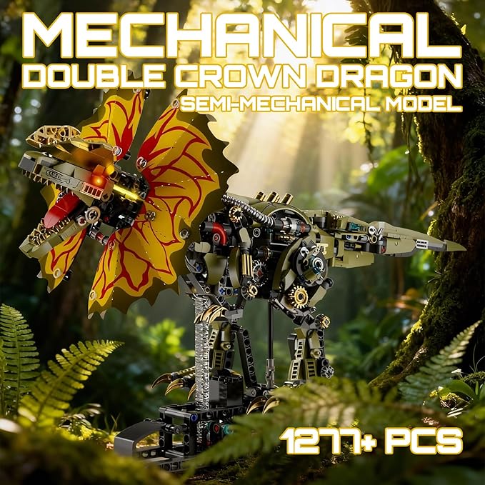 1277 Pcs Mechanical Dilophosaurus Building Blocks Set Steampunk Dinosaur Model with LED Eyes and Manual Linkage Robot STEM Display Gift for Adults&amp Teens