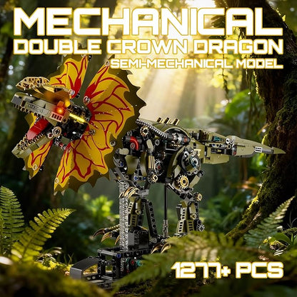 1277 Pcs Mechanical Dilophosaurus Building Blocks Set Steampunk Dinosaur Model with LED Eyes and Manual Linkage Robot STEM Display Gift for Adults&amp Teens