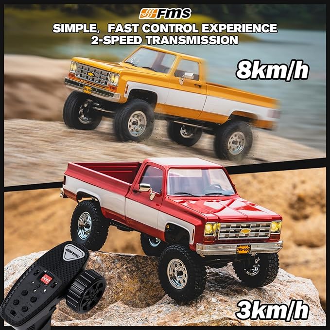 BEEZRC FMS 1/18 RC Crawler FCX18 Chevy K10 RC Truck RTR RC Car Official Licensed Model car 8km/h 4WD 900mAh Hobby RC Cars Remote Control Car with LED Lights Vehicle 4-Ch 2.4GHz Transmitter(Yellow)