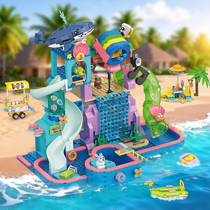 1150Pcs Friends Water Park Building Set STEM Summer Fun Party Toy with Swimming Pool SlidesWater CanonsDiving PlatformAnimal Pretend Play Kit for kids Birthday Gifts for Girls Ages 6-12+