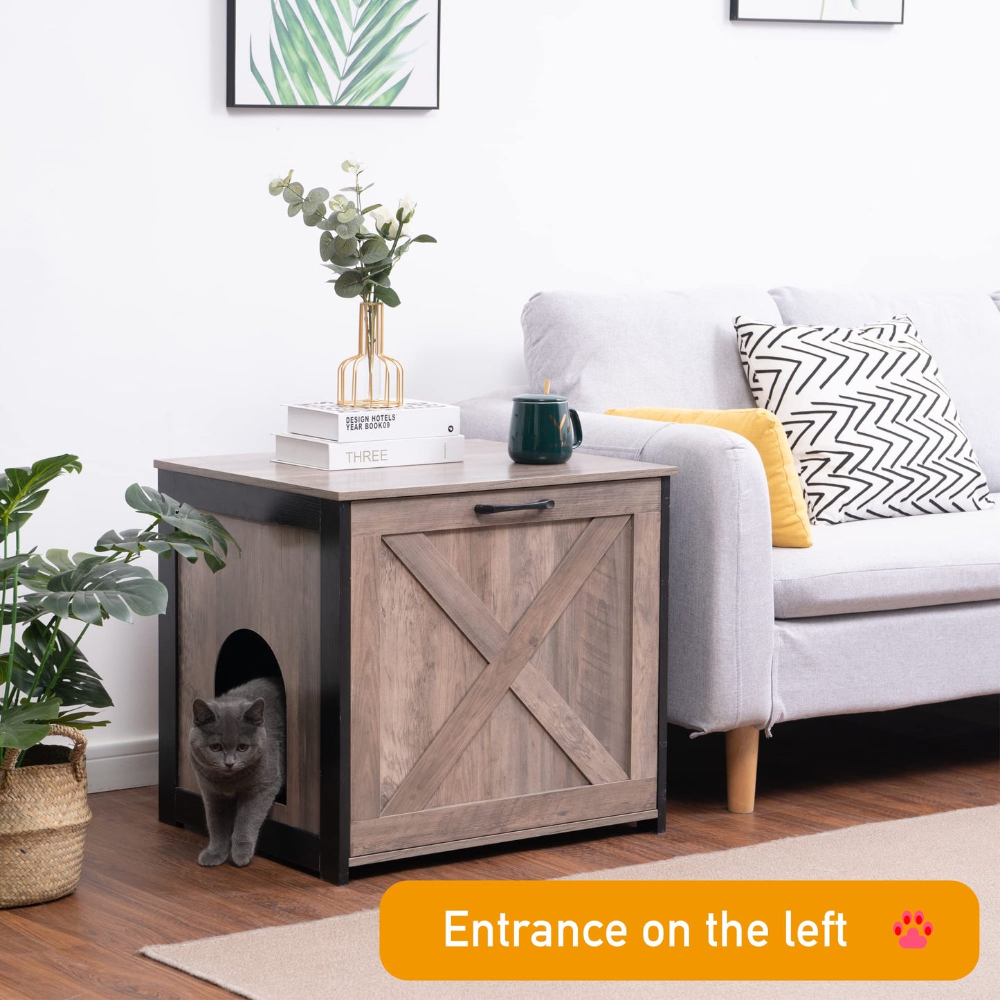 Dwanton Cat Litter Box Furniture Hidden, Cat Litter Box Enclosure, Reversible Entrance Can Be on Left or Right Side, Indoor Cabinet, Wooden Washroom, End Table, Nightstand, Greige, 23.6" L