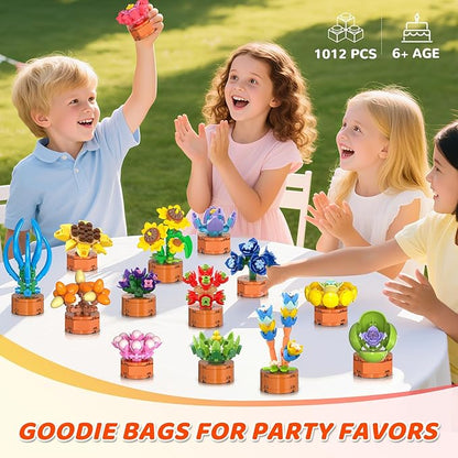 24 Pack Flowers Succulent Party Favors for Kids Building Set - 1012pcs Botanical Bonsai 3.6mm Mini Building Blocks Toy for Easter Basket Fillers Classroom Prize Stocking Stuffer Gift for Girl Boy 6+