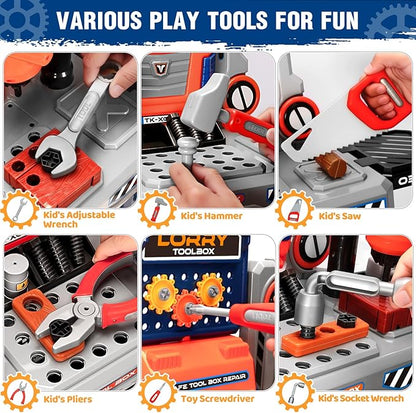Kids Tool Bench with Electric Drill and Power Miter Saw Construction Workbench Toys for Boys Age 3 4 5 6 7 8 Toddler Realistic Tools Table Playset Tool Box Set Christmas Birthday Gift for Kids 3-5