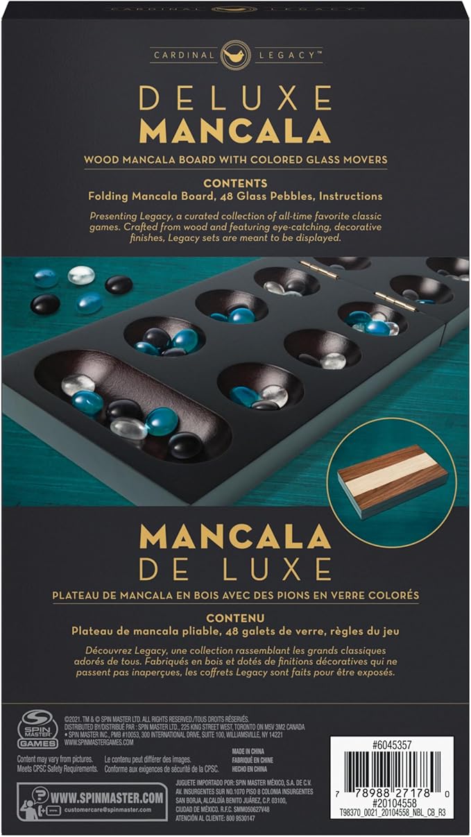 Spin Master Games Legacy Deluxe Mancala Classic Game with Folding Wooden Board &amp Colorful Glass Stones Family Game for Ages 8 &amp Up