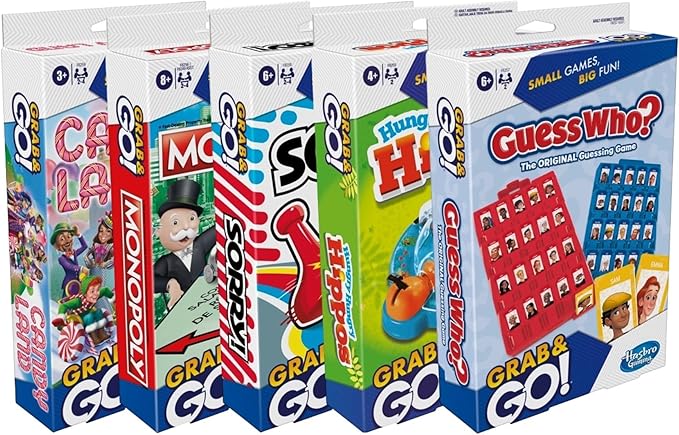 Hasbro Gaming Grab and Go Travel Games Set of 5- Sorry! Hungry Hippos Monopoly Guess Who? and Candy Land