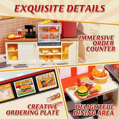 ROBOTIME Miniature House Kit DIY Plastic House Building Toy Set with LED Tiny Store Making Kit Model Craft Hobby Unique Gift (Yum Yum Burgers)