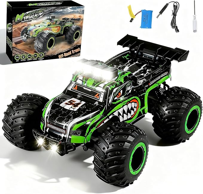 Remote Control Monster Truck for Kids: Off-Road RC Car with Headlights &amp Body Lights 1:18 20 km/h 2WD 2.4 GHz All-Terrain Rechargeable High-Speed - Birthday for Boys Ages 4-12