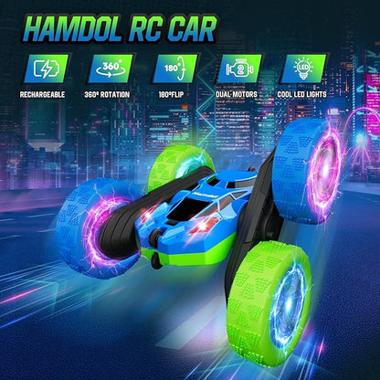 RC Cars Toys for Kids Ages 6-12 360° Spinning Double-Sided Remote Control Car with LED Lights 4WD Rechargeable Toy for Boys Age 8-10 Perfect Birthday Holiday Valentines Easter Gift
