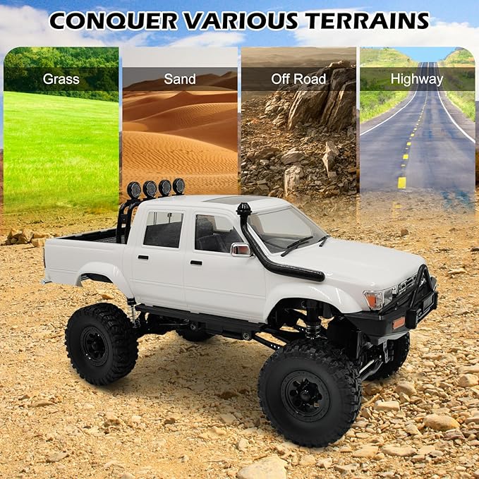 RC Rock Crawler WPL C64-1 RC Truck 1:16 Scale 2.4GHz Remote Control Truck 4WD All Terrain Off-Road RC Crawler with LED Lights and 2 Rechargeble Batteries for Adults (White)