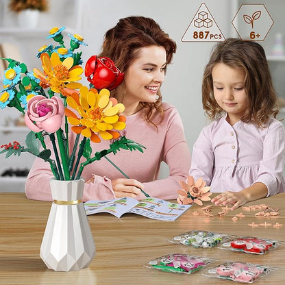 Flowers Bouquet Building Set 887 Pcs with Flower Artificial Roses for Home Office Decoration Gift for Mother's Day Valentine's Day and Kids 6+/Adults Birthday