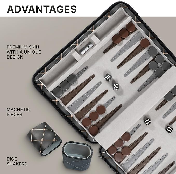 Magnetic Travel Backgammon Sets for Adults - Quality PU Leather Backgammon Board Game for Adults and Kids - 14 Gift for Man Backgammon Board with 32 Magnetic Pieces in PU Leather Case