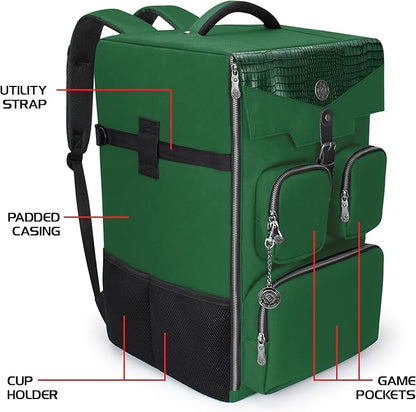 ENHANCE Collector's Edition Board Game Backpack - Reinforced Rigid Board Game Storage with Padded Shoulder Straps Carrying Handle and Accessories Pockets for Dice Card Games More (Dragon Green)