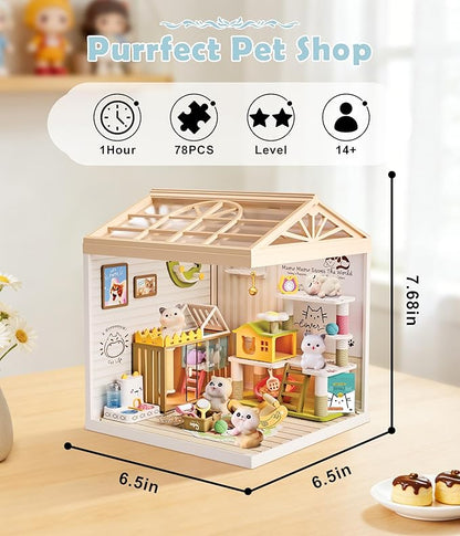 DIY Miniature Cat Pet Shop Dollhouse Kit with Dustproof Cover &amp Roof - Purrfect Tiny Animal Shelter Room with Led Lights - Creative Craft Set for Ages 14+