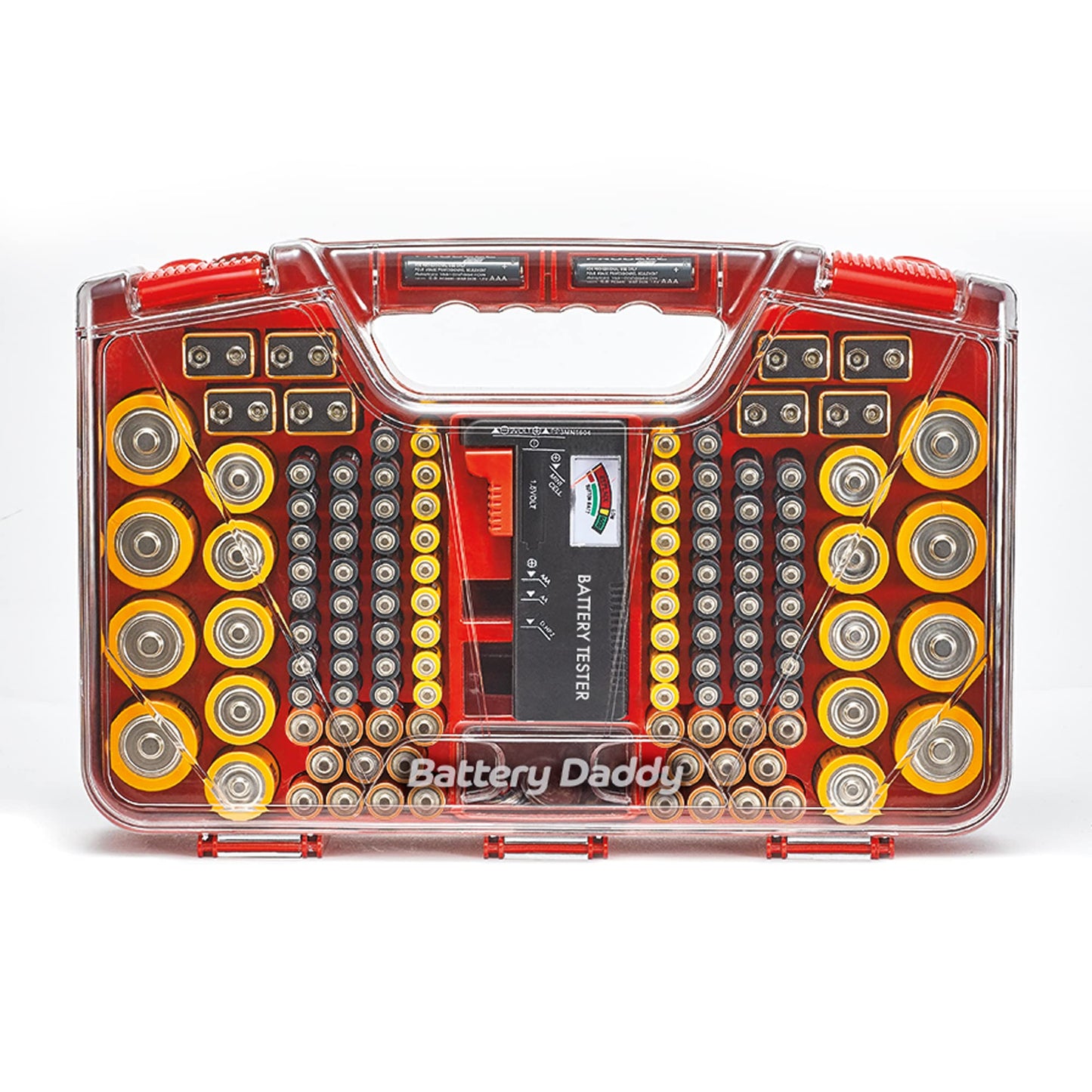 Ontel Battery Daddy Storage & Organizer Case with Tester, Stores & Protects Up to 180 Batteries, Double-Sided, Durable Design with Clear Locking Lid, Secure Latches & Portable Carrying Handle - Red