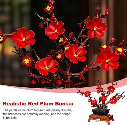Plum Blossom Building Sets Red Plum Buiding Blocks Artificial Flowers for Table Decor Plants Collection Blocks Kit for Living Room Home Office Christmas &amp Birthday Gifts for Ages 14+ 692PCS