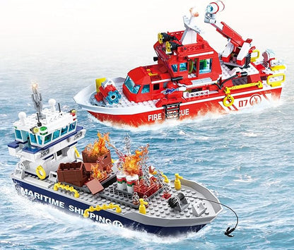 City Floating Boats Building Set Police Boat and Fire Rescue Boat Compatible with Lego Ship City STEM Building Toys Ideal Gift for Kids Boys Girls 6 7 8 9 10 11 12