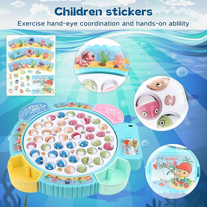 Magnetic Fishing Games Set - Educational Toddler &amp Kids Fishing Toys | 45 Fish 8 Poles Rotating Board with Music &amp LED | Ideal Go Fish Toy for Fun!