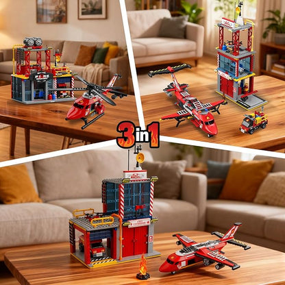 3 in 1 City Fire Rescue Plane Building Sets Compatible with Lego Fire Station Helicopter Fire Truck Airplane Building Blocks Kits for Boys Girls for Adults Teens 14+ (823 PCS)