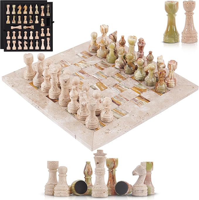 Marble Chess Set 15 Inch Handmade Travertine &amp Green Luxury Board Games for Adults Elegant Table top Board Game Travel Chess Pieces &amp Storage Box for Gifts &amp Home Decor