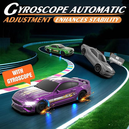 RC Drift Car 1/43 Scale Mini RC Drift Cars with Gyro 4WD Full Proporitonal High Speed Remote Control Car with LED Lights and Drifting Tire Hobby Racing Cars for Kids Boys Girls Purple