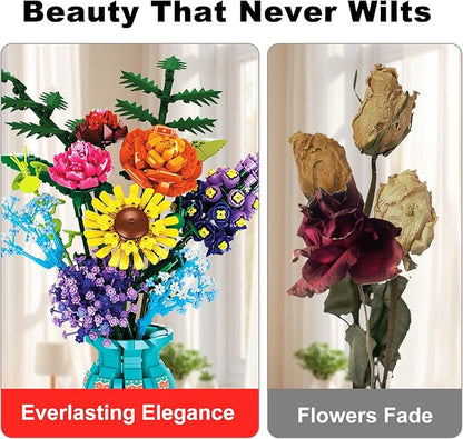 Flowers Bouquet Building Set for Adults Wildflowers Icon Flowers Botanical Collection Kits Compatible with Lego Flowers Valentines Flowers Sets for Women Girls 14+ 11001
