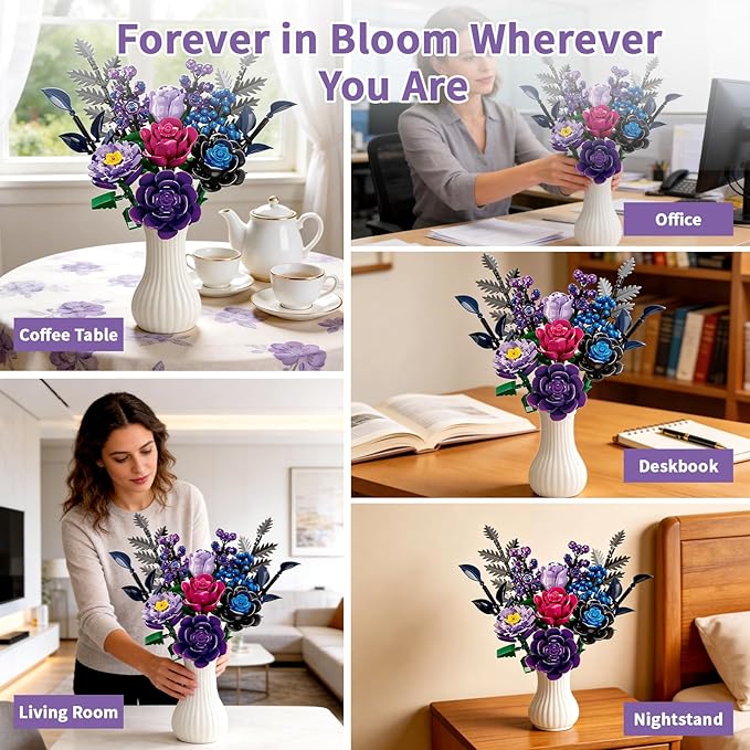 759 Pcs Purple Rose Flower Bouquet Building Set Botanical Collection Kit Artificial Fake Flowers Blocks Home Table Decor Aesthetic for Valentine's Day Birthday DIY Craft Floral Gift Without Vase