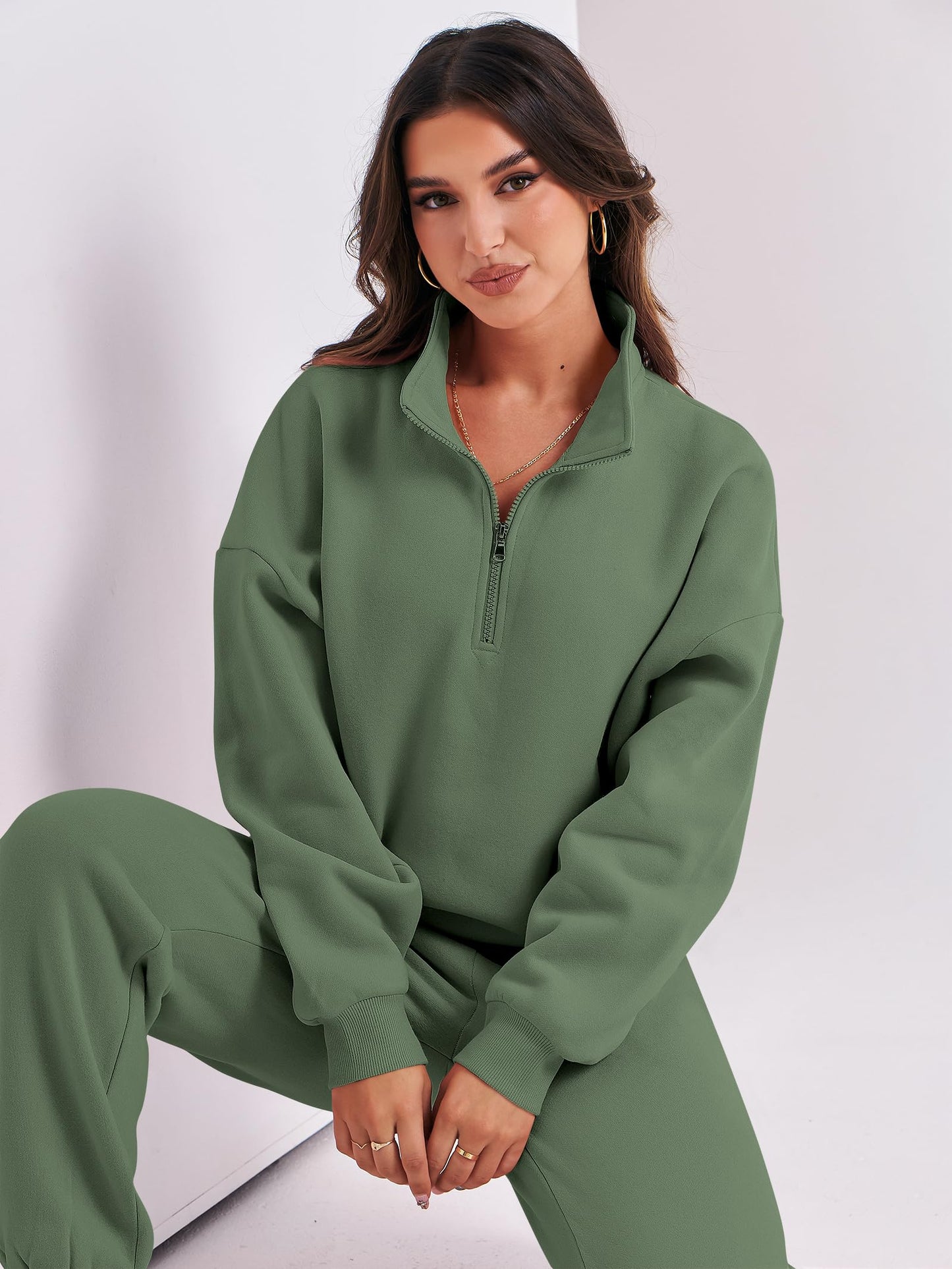 ANRABESS Women 2 Piece Outfits Sweatsuit Oversized Half Zip Sweatshirt Jogger Sweatpants Tracksuit Lounge Set 2025 Clothes