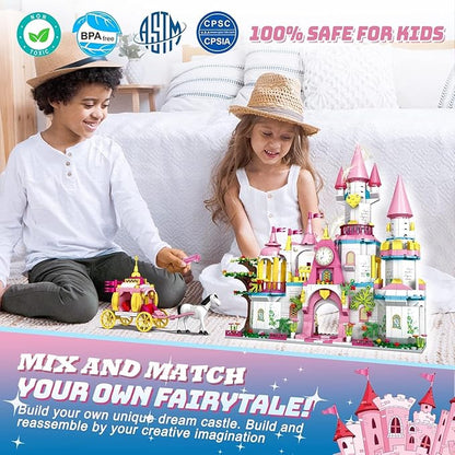 Castle STEM Building Toys for Girls Ages 6-12 Years Old 1000PCS Building Sets for Girls &amp Boys Pink Princess Castle Carriage Playset (Castle Building Blocks)