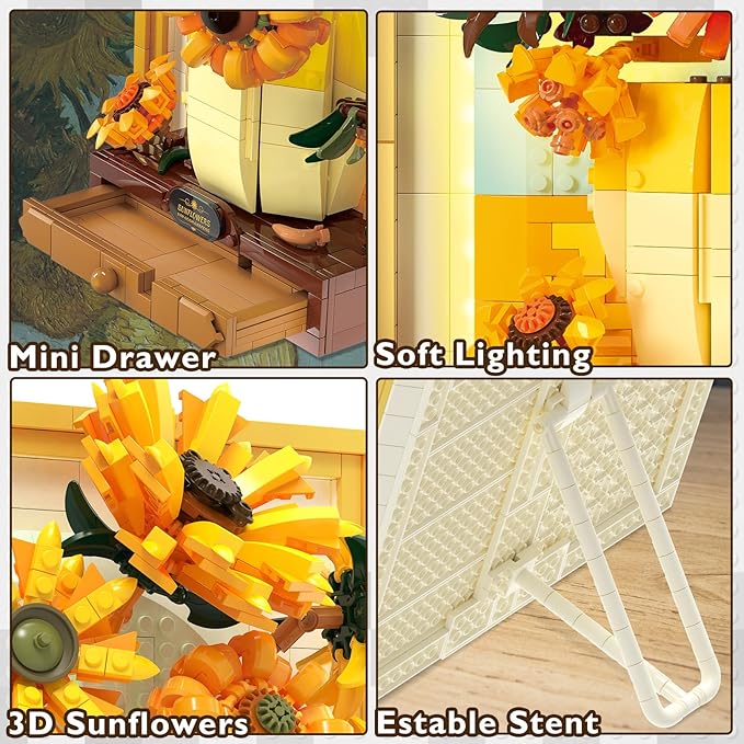 JMBricklayer Flowers Sunflower Building Sets for Adult with Lights 70004 Van Gogh Wall Art Crafts Ideas Flower Bouquet Painting Frame Room Decor Valentine’s Day Birthday Gifts for Women Girl