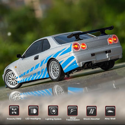 ARRIS LD1899 1/18 RC Drift Car GTR R34 2.4GHz RWD with Gyroscope on-Road Alloy Body Shell Racing Cars Radio Control Silver