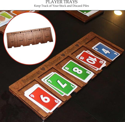 Custom Compatible with SKIPBO Card Game Player Organizers - Compatible with SKIPBO Game Board - Handmade Compatible with SKIPBO Gameboard | Complete set - 4 Player Trays + 1 Center Console | Red Oak