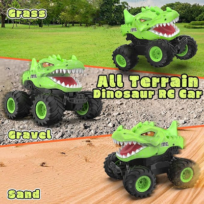 Dinosaur Remote Control Car 2.4GHz Monster Truck Toys Rechargeable RC Cars 1:24 Scale RC Truck with LED Light Movable Mouth Dinosaur Cars Toys for Kids Boys 6-8 8-12 Birthday Gift Green