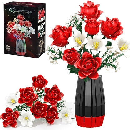 Rose Flowers Bouquet Building Set with Vase Included 1077 PCS Artificial Flowers Botanical Collection Kit for Adults Women Men &amp Teen Girl Mother's Day Birthday Gifts for Mom Her Wife Girlfriend