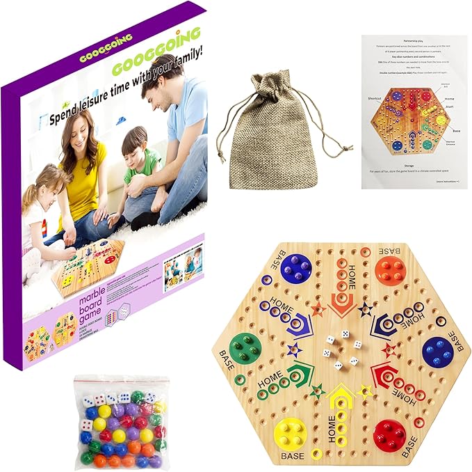 Wooden Board Game Original Marble Game Double Sided Painted 2 to 6 Player Fast Track Board Game Wooden with 6 Colors 24 Marbles 6 Dice for Adults Kids Family(20 INCH)