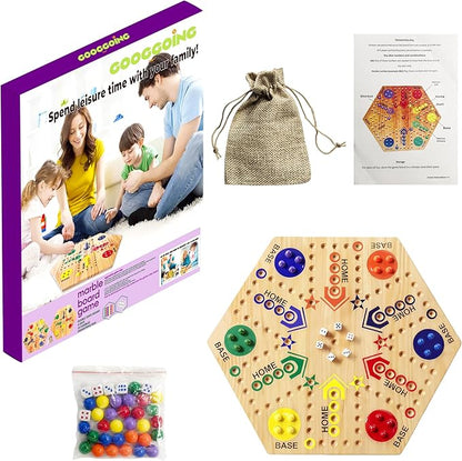 Wooden Board Game Original Marble Game Double Sided Painted 2 to 6 Player Fast Track Board Game Wooden with 6 Colors 24 Marbles 6 Dice for Adults Kids Family(20 INCH)