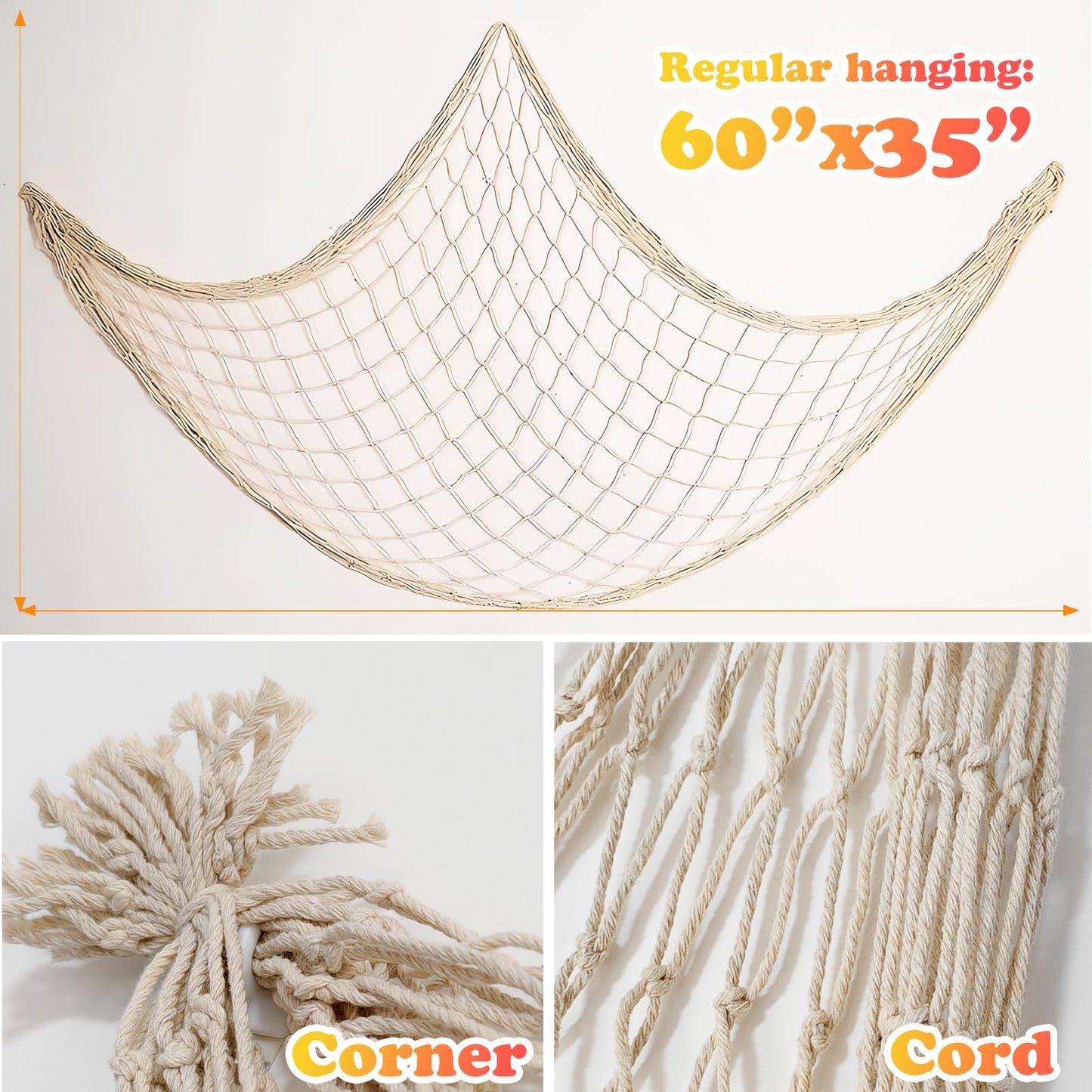 2 Pack Fish Net Decorations for Party, Natural Cotton Hawaiian Party Fishing Net Decorative, Nautical Themed Cotton Fishnet Under The Sea Pirate Ocean BeachHalloween Decor