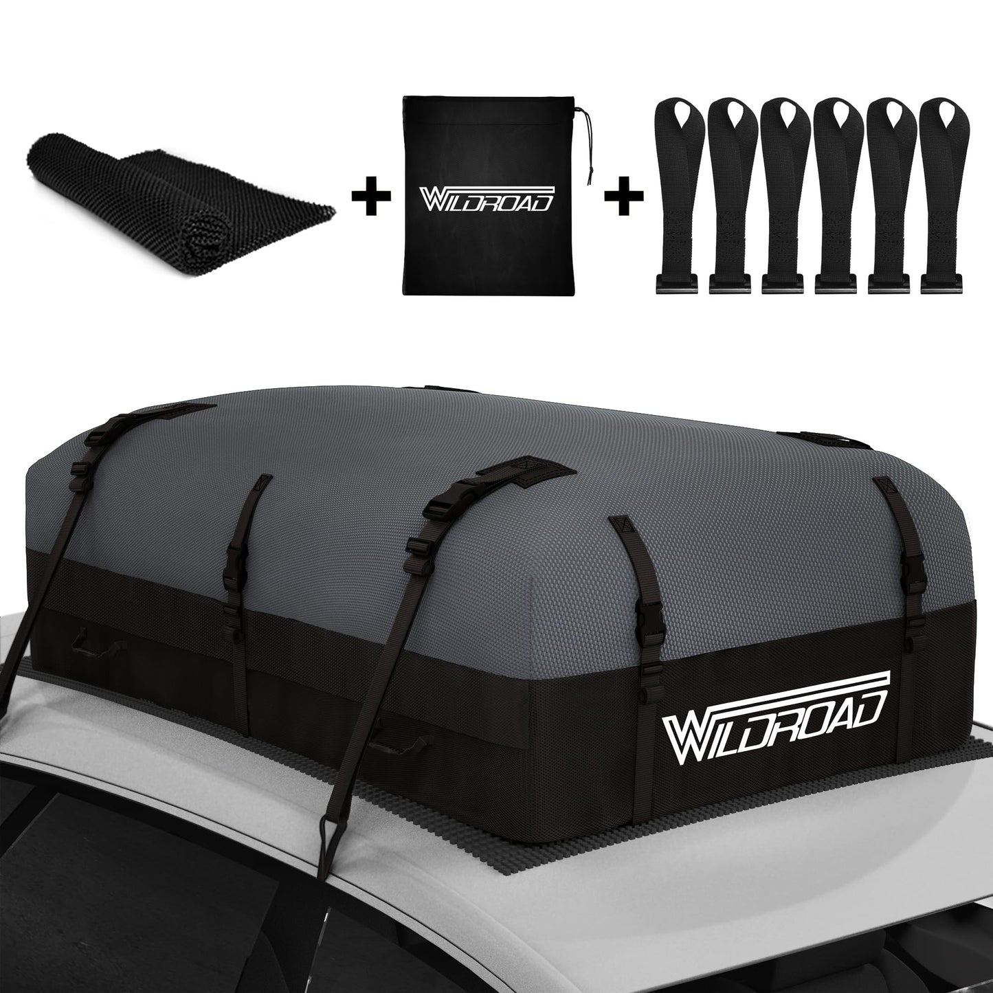 Rooftop Cargo Carrier Bag, WILDROAD 21 Cubic Feet 600D Ultra Anti-Tear Fabric Waterproof Car Roof Bag, Soft-Shell Roof Bag with Storage Bag, Anti-Slip Mat and 6 Door Hooks Fits Car with/Without Racks