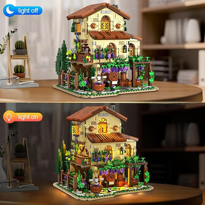 Winery Chateau House Building Set with Lights Vineyard Castle Construction Model Home Decor 1826 PCS Vine Estate Autumn Cabin Building Block Kit Birthday Gift for Adults Teens Boys Girls
