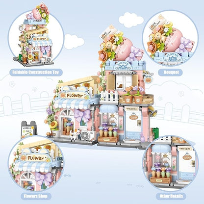 Street View Flower House Shop Mini Building Blocks MOC Creative Building Toys Cute Panda Building Set for Girls 6-12 Simulation Architecture Construction Toy Gift Idea for Kids Adults (854 PCS)