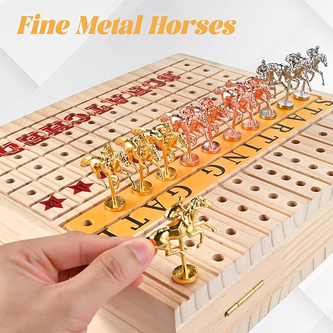 Horse Racing Board Game Foldable Wood Horse Race Game with 11 Metal Horses 2 Dice 2 Decks of Cards and 120Pcs Chips for Friends Adults Family Party Game Night