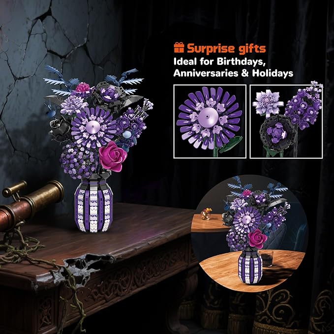 Flowers Building Set Compatible with Lego Flowers Purple Bouquet Plant with Vase Botanical Collection for Adults &amp Women &amp Girl 14+