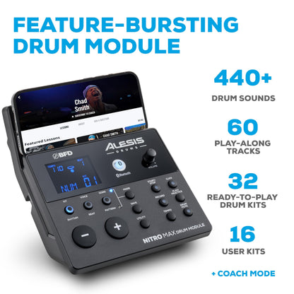 Alesis Nitro Max Kit Electric Drum Set with Quiet Mesh Pads, 10" Dual Zone Snare, Bluetooth, 440+ Authentic Sounds, Drumeo, USB MIDI, Kick Pedal