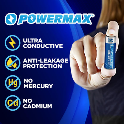 Powermax 100-Count Double AA Batteries, Ultra Long Lasting Alkaline Battery for Home and Office, 10-Year Shelf Life, Reclosable Packaging