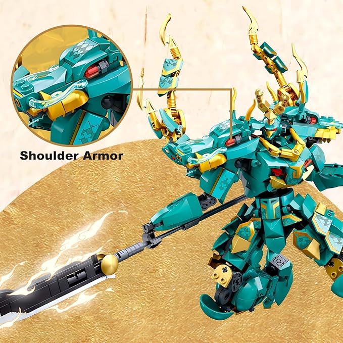 HIGH GODO Mech Robot Building Blocks Set for Adults Cool Green Dragon Warrior Model Kit with Long Spear Toy Playset 704 Pieces Collectible Mythical Ninja Gifts for Teens Ages 14+