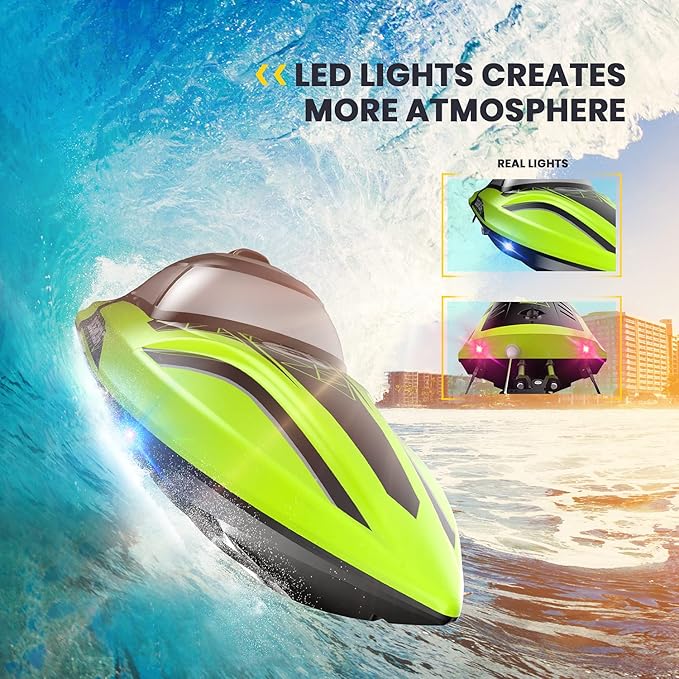 DEERC RC Boat with LED Light 30+ Mins Self Righting Remote Control Boat for Pools &amp Lakes 20+ MPH 2.4GHz Racing Boats 2 Battery Pool Toys for Kids Radio Controlled Watercraft