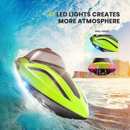 DEERC RC Boat with LED Light 30+ Mins Self Righting Remote Control Boat for Pools &amp Lakes 20+ MPH 2.4GHz Racing Boats 2 Battery Pool Toys for Kids Radio Controlled Watercraft