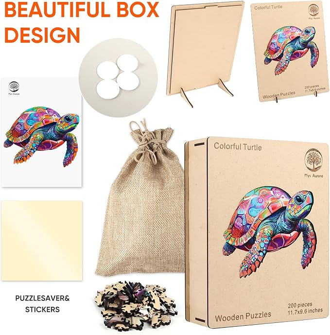 Mys Aurora Colorful Turtle Puzzles for Adults 200 Pieces 5MM Thick Wooden Jigsaw Puzzles Unique Shape Puzzle Ocean Wood Puzzles for Adults and Kids Birthday Gifts Family Game 11.4 * 11.4 inches